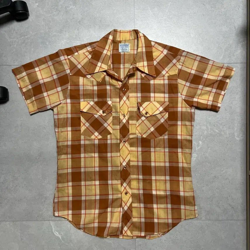[BUNJANG] Vintage 70s Made in USA Check Short Sleeve Shirt / [M] 70s Made in USA 웨스턴 빈티지 체크 반팔 셔츠
