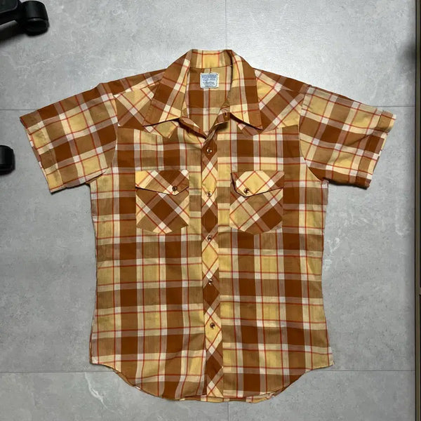 [BUNJANG] Vintage 70s Made in USA Check Short Sleeve Shirt / [M] 70s Made in USA 웨스턴 빈티지 체크 반팔 셔츠