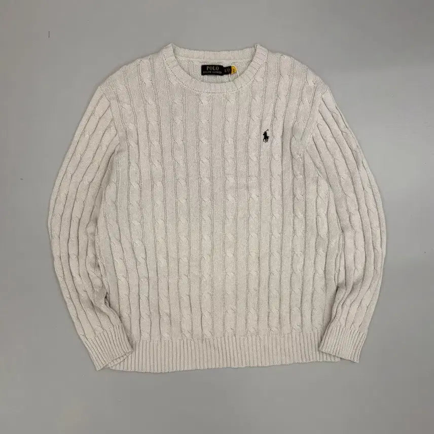 [BUNJANG] Polo Ralph Lauren Oversized Grey Cotton Cable Knit Sweater / 폴로 랄프로렌 오버핏 신형 QR라벨 그레이 코튼 케이블 니트