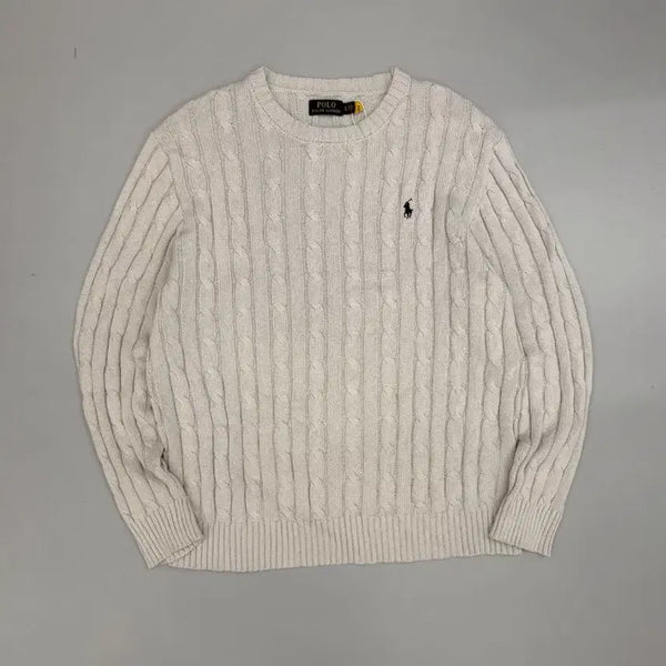 [BUNJANG] Polo Ralph Lauren Oversized Grey Cotton Cable Knit Sweater / 폴로 랄프로렌 오버핏 신형 QR라벨 그레이 코튼 케이블 니트