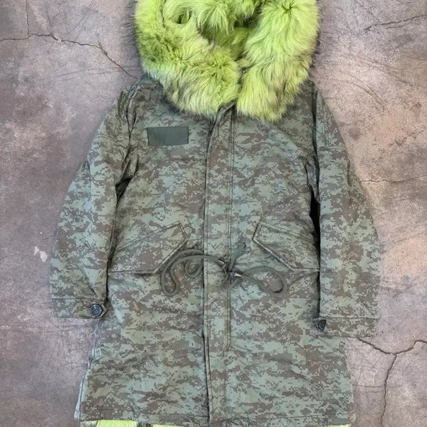 [BUNJANG] Vintage Neon Lime Fur Military Parka / Vintage 네온 라임 퍼 밀리터리 야상