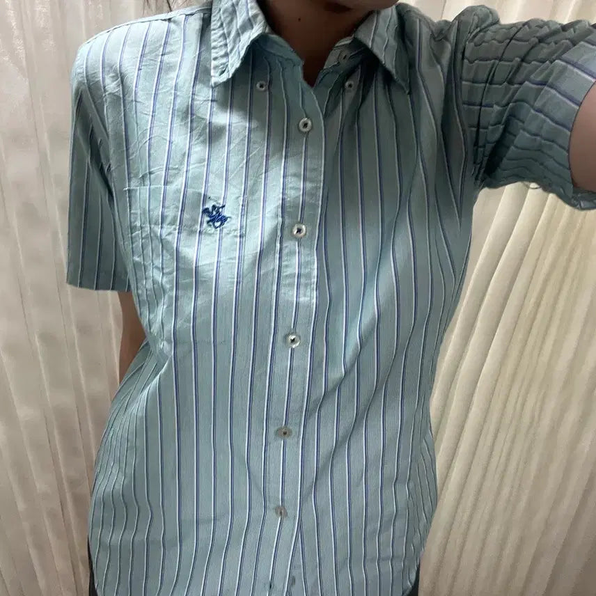 [BUNJANG] Vintage Polo Club Striped Short Sleeve Shirt - Light Blue / 빈티지 폴로클럽 스트라이프 반팔 셔츠 하늘색 교신가능