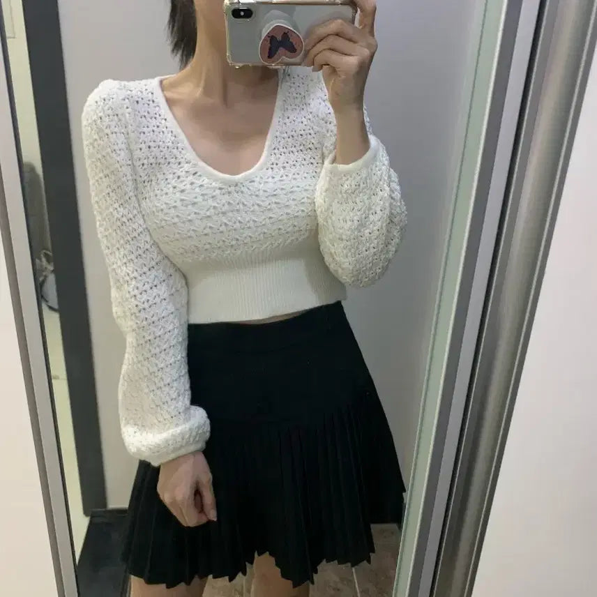 [BUNJANG] Sheer Mesh Knit Crop Top V-Neck / 시스루 그물 망사니트 크롭니트 F 여리핏 브이넥니트