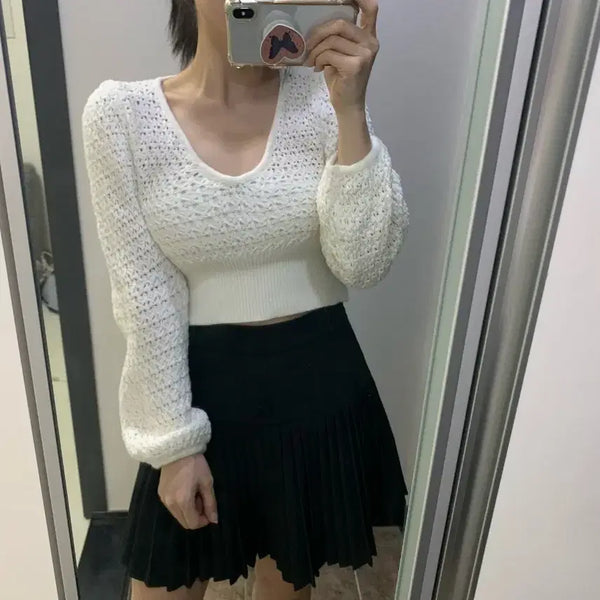 [BUNJANG] Sheer Mesh Knit Crop Top V-Neck / 시스루 그물 망사니트 크롭니트 F 여리핏 브이넥니트