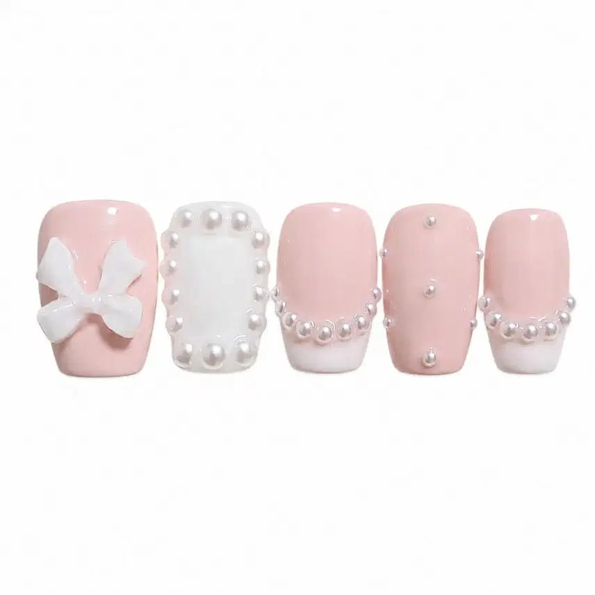 [BUNJANG] Pearl Code Nail Tips with Pearl and Ribbon Accents / 펄코드 네일팁