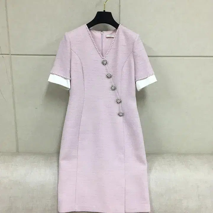 [BUNJANG] JIGOTT Pink Tweed Dress with Jewel Buttons / JIGOTT 지고트 정품 보석단추 핑크 트위드 원피스