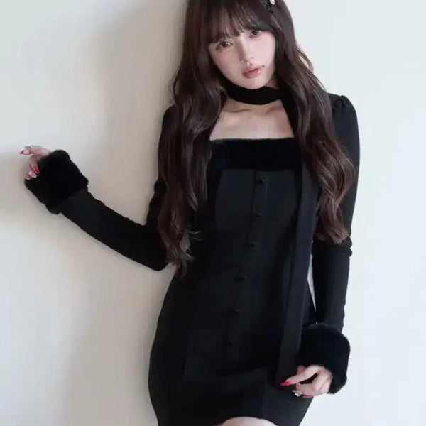 [BUNJANG] Bunnylis Fur Cut One-Piece Dress Black / Bunnylis 머플러 퍼컷 원피스 블랙 양산형 스나계