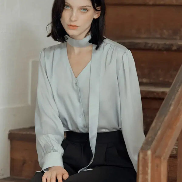 [BUNJANG] Dehyeve Thai Silk Blouse Blue / 드헤베 타이실크블라우스 블루 새상품