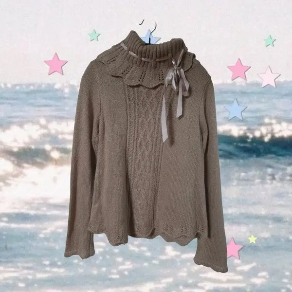 [BUNJANG] Axes Femme Ribbon High-Neck Knit Beige-Pink Japanese Vintage / axesfemme 액시즈팜 리본 베이지핑크 하이넥 니트 머리걸 일본빈티지