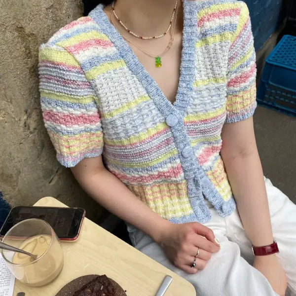 [BUNJANG] Helder Rainbow Short-Sleeve Knit Cardigan / 헬더 레인보우 반팔 니트 가디건
