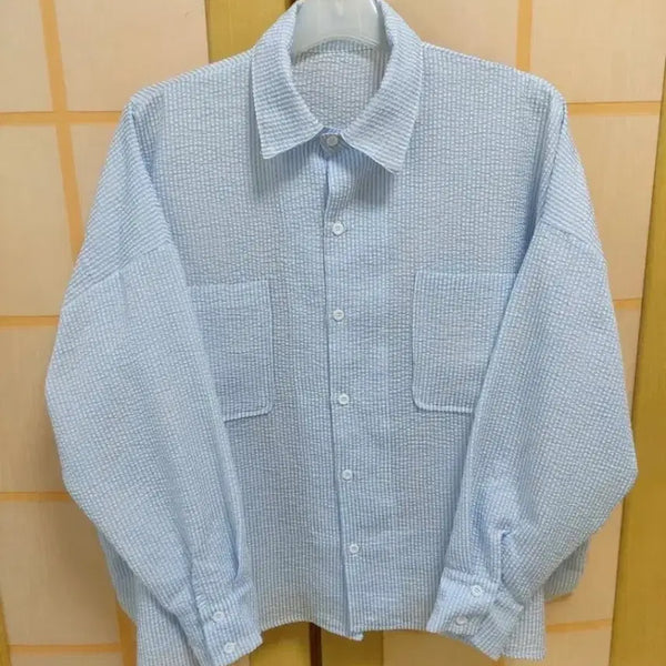 [BUNJANG] Sky Blue Seersucker Oversized Fit Shirt / 하늘색 엠보싱(시어서커)오버핏 셔츠