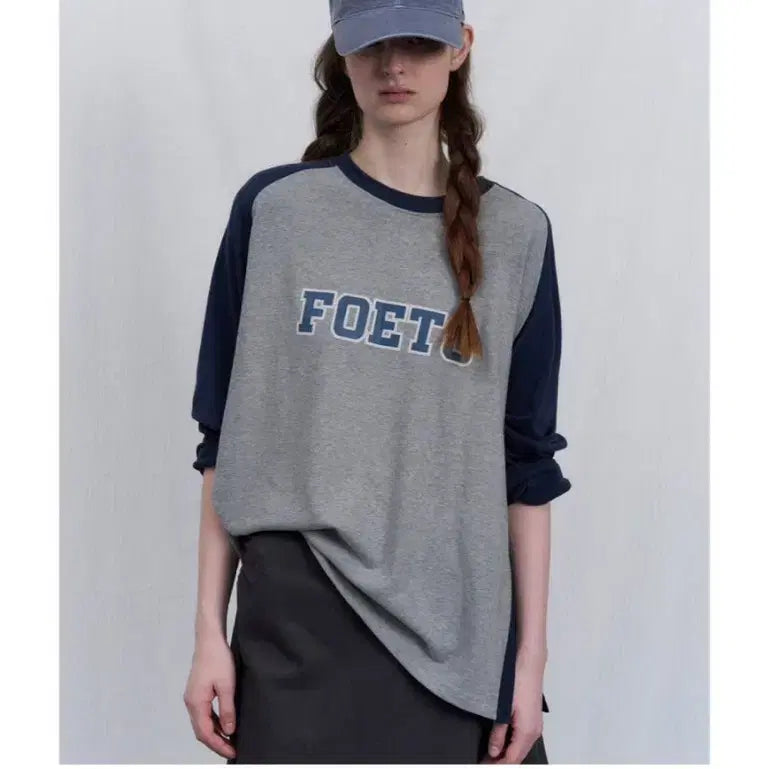 [BUNJANG] FOET Raglan T-Shirt Gray Navy Long Sleeve Button Side Slit / 포에토 레글런티 그레이 네이비 나그랑 티셔츠 긴팔 단추 옆트임
