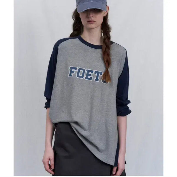 [BUNJANG] FOET Raglan T-Shirt Gray Navy Long Sleeve Button Side Slit / 포에토 레글런티 그레이 네이비 나그랑 티셔츠 긴팔 단추 옆트임