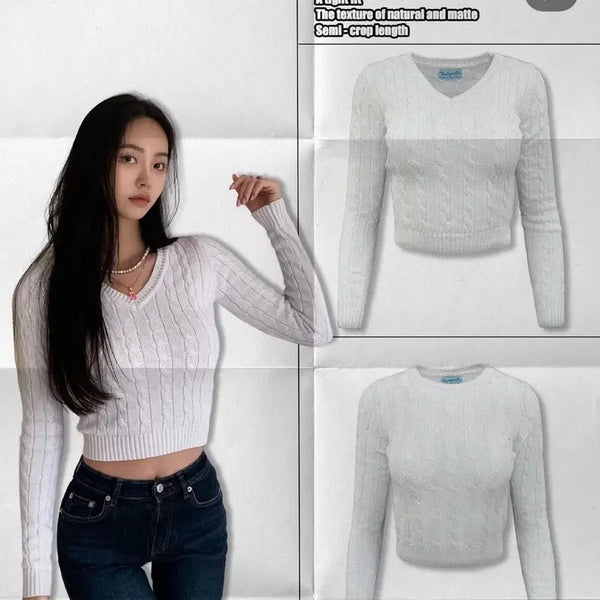 [BUNJANG] Fade Jade Cable Knit V-Neck White / 페일제이드 케이블 니트 브이넥 화이트