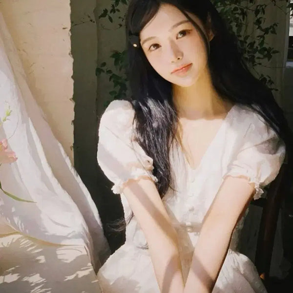 [BUNJANG] Milkcocoa Puff Sleeve V-Neck Dress Ivory / 밀크코코아 퍼프소매 브이넥 원피스 아이보리