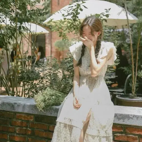[BUNJANG] Milkcocoa Floral Slit Frill Lace Ribbon Vintage Long Dress / 밀크코코아 플라워 트임 프릴 레이스 리본 빈티지 롱 원피스