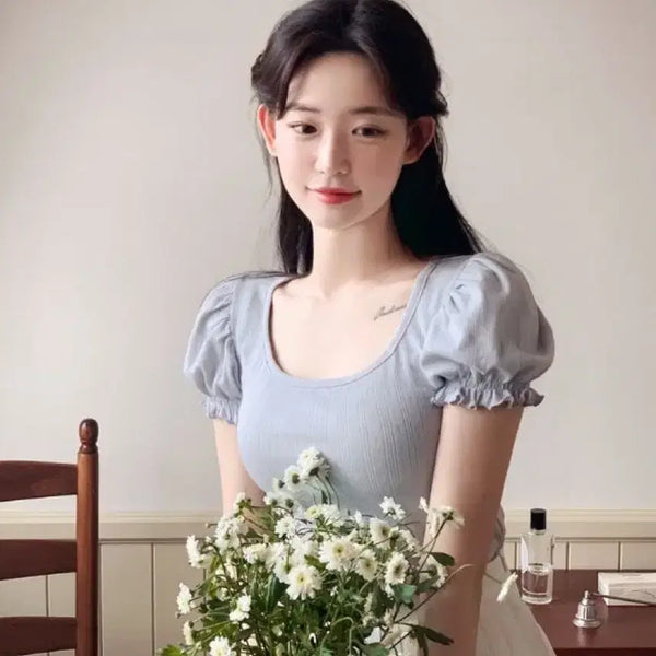 [BUNJANG] MilkCocoa Puff Sleeve Round Neck T-Shirt / 퍼프소매 라운드넥 하늘색 반팔 티셔츠 밀크코코아 프릴