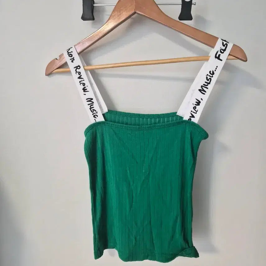 [BUNJANG] Lettering Strap Ribbed Tank Top - Green / 레터링 스트랩 포인트 그린 골지 나시