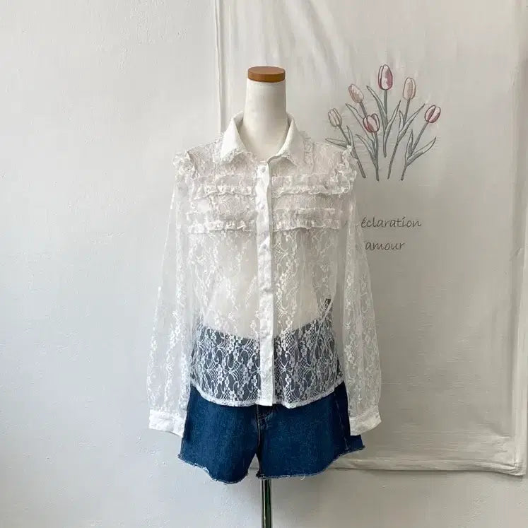 [BUNJANG] White See-Through Lace Blouse / 새상품-화이트 시스루 레이스 블라우스 278
