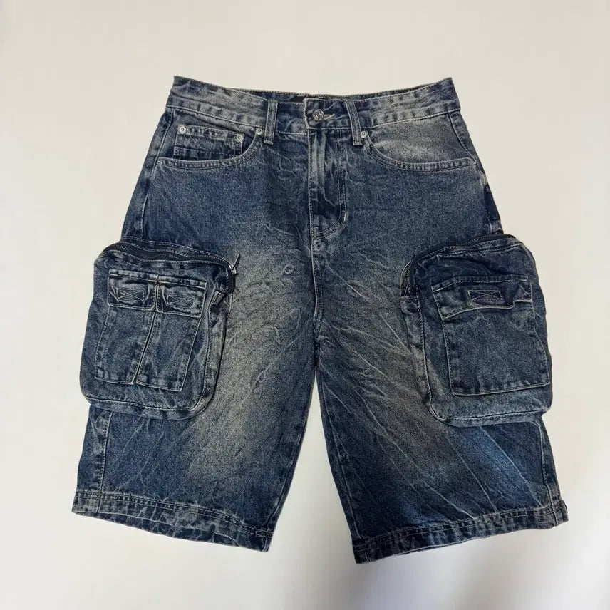 [BUNJANG] Smokeryz 2024 Big Pocket Vintage Washed Cargo Denim Shorts / 스모크라이즈 24년도 빅 포켓 빈티지 워싱 카고 데님 반바지 28