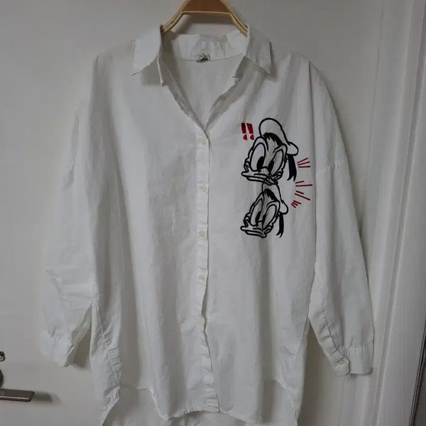 [BUNJANG] Donald Duck Embroidered Shirt White / 도날드 덕 자수 셔츠 화이트55~77