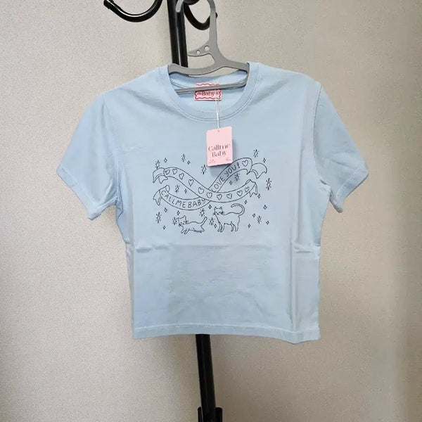 [BUNJANG] Call Me Baby Cat Printing Short Sleeve Cropped T-Shirt Sky Blue / 콜미베이비 고양이 프린팅 반팔 크롭티셔츠 소라색