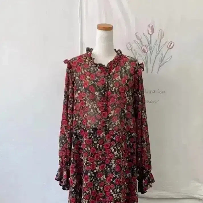 [BUNJANG] Chiffon Rose Flower Long Dress / 쉬폰 장미 플라워 롱원피스