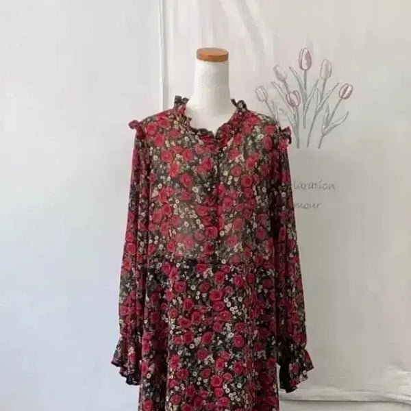 [BUNJANG] Chiffon Rose Flower Long Dress / 쉬폰 장미 플라워 롱원피스