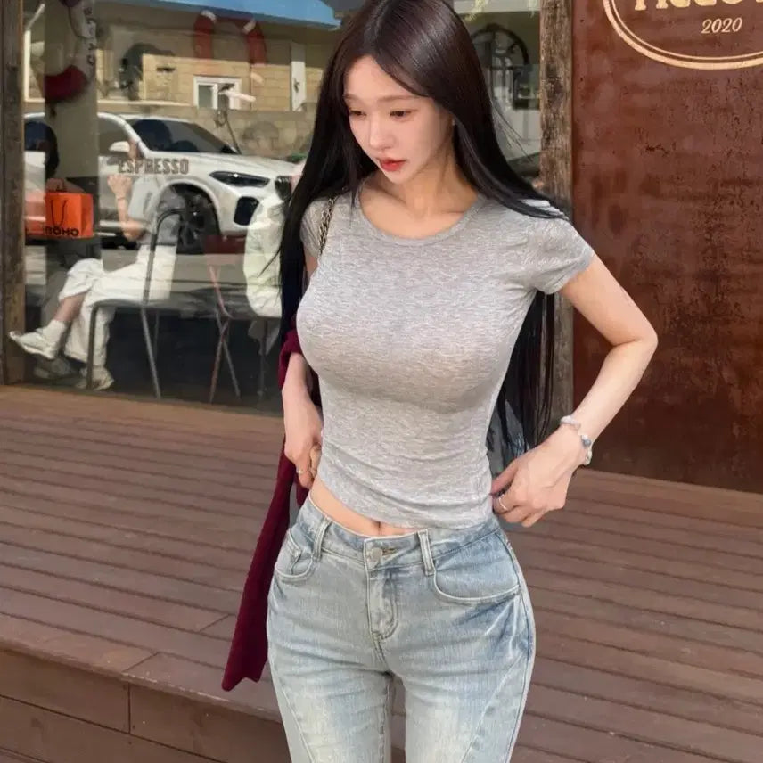 [BUNJANG] KINDAME Glam Snug Tee Melange Grey / 카인다미 글램 쫀쫀티 멜란지그레이-F