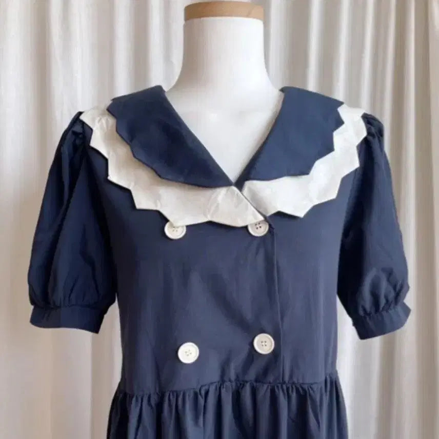 [BUNJANG] Sailor Collar Puff Sleeve Lovely Crepe Dress / 세일러 칼라 퍼프 러블리 바스락 원피스 ( 깨끗)