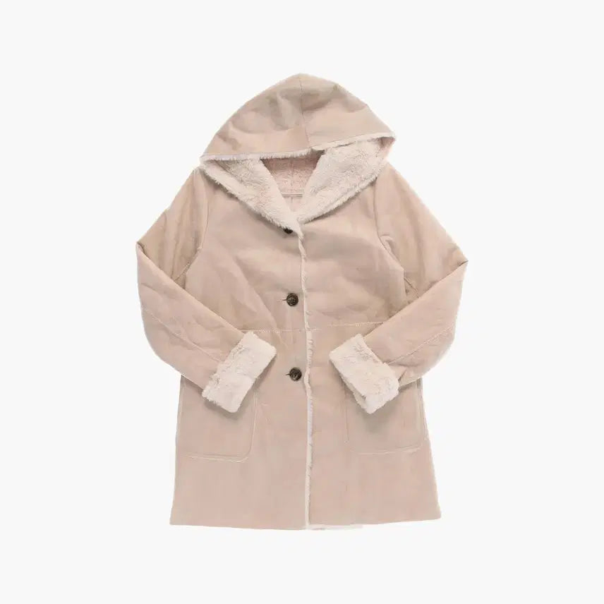 [BUNJANG] Vintage Faux Leather Lined Shearling Duffle Coat / 빈티지 레자 무스탕 코트 자켓 모리걸 베이지 떡볶이코트