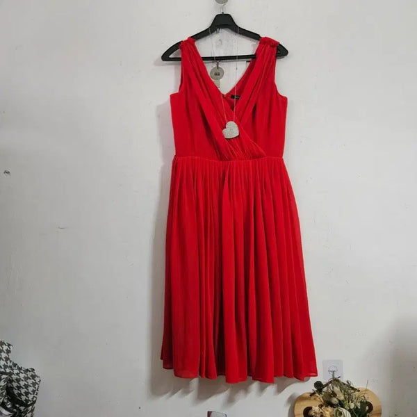 [BUNJANG] Red V-Neck Shirring Long Dress with Necklace / 레드 브이넥 셔링 롱 원피스 (목걸이 포함)