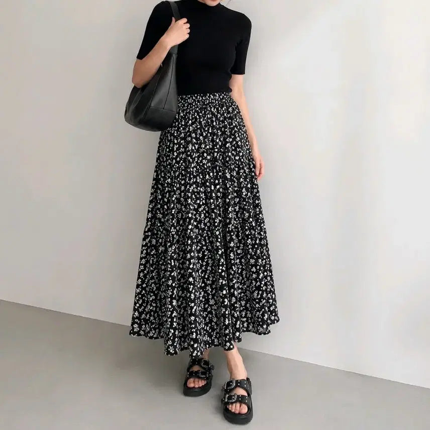 [BUNJANG] Black Flower Banding Long Skirt / 블랙 플라워 밴딩 롱스커트