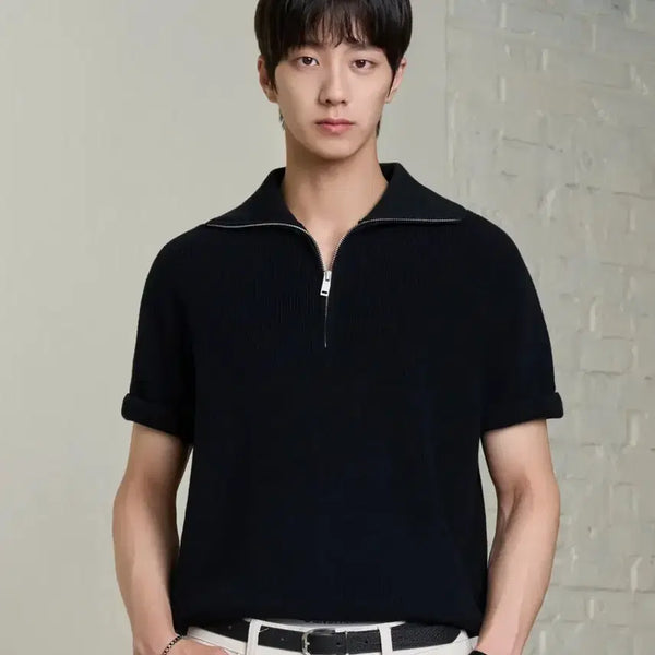 [BUNJANG] Hyozy Washable Half Zip-Up Cropped Short Sleeve Knit / 효지 워셔블 하프 집업 크롭 반팔 니트 새제품 싸게 팔아요