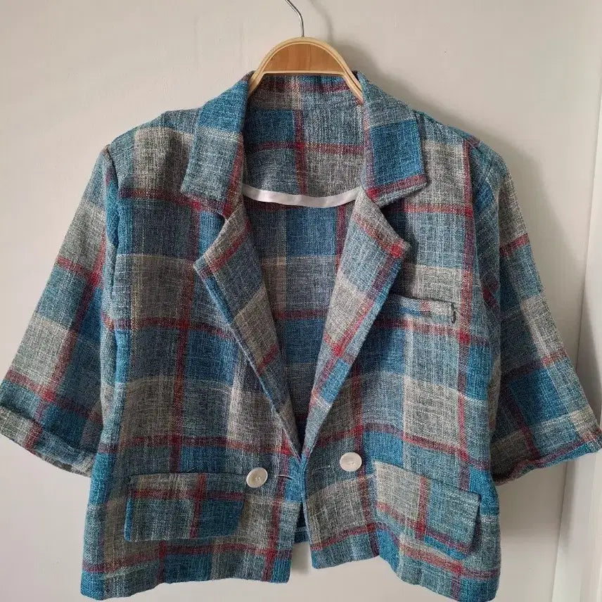 [BUNJANG] Check Half-Sleeve Jacket 55-66 / 체크 반팔 자켓 55~66반