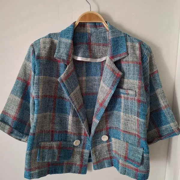 [BUNJANG] Check Half-Sleeve Jacket 55-66 / 체크 반팔 자켓 55~66반