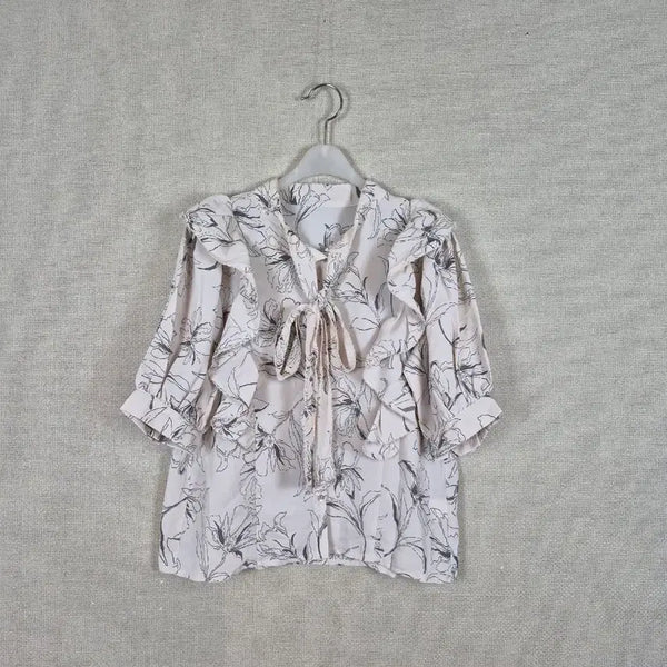 [BUNJANG] Ribbon Flower Pattern Chiffon Blouse (M) / (#55,66추천/M)리본 플라워 패턴 쉬폰 블라우스