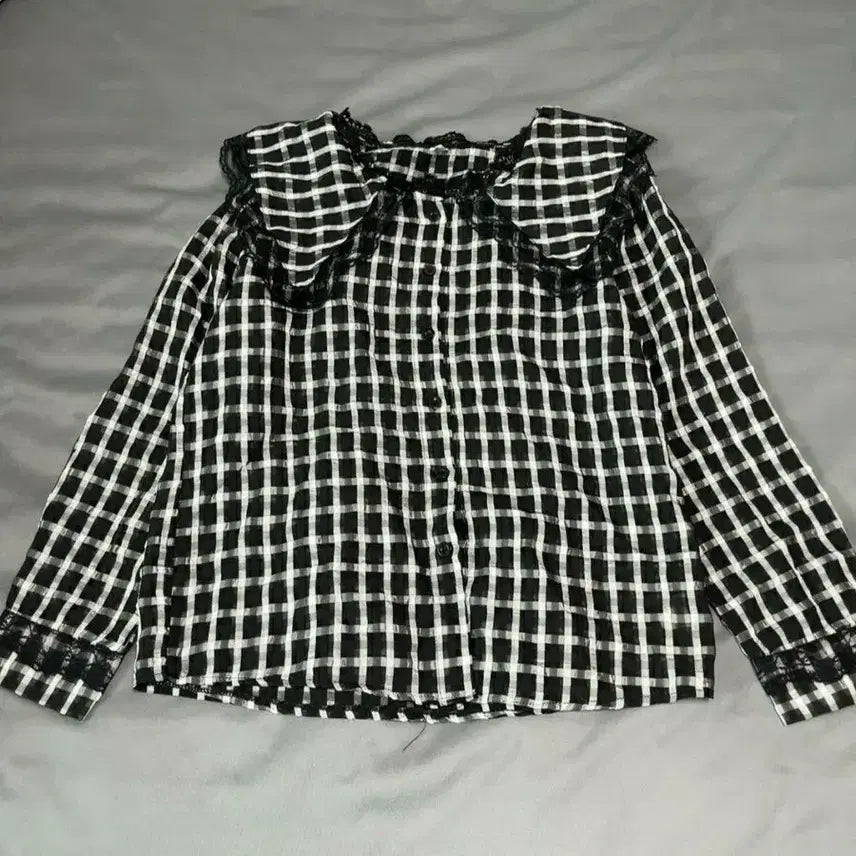 [BUNJANG] Check Pattern Sheer Frill Blouse / 체크 패턴 시스루 프릴 블라우스