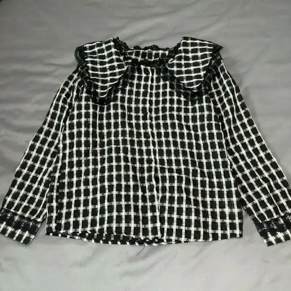 [BUNJANG] Check Pattern Sheer Frill Blouse / 체크 패턴 시스루 프릴 블라우스