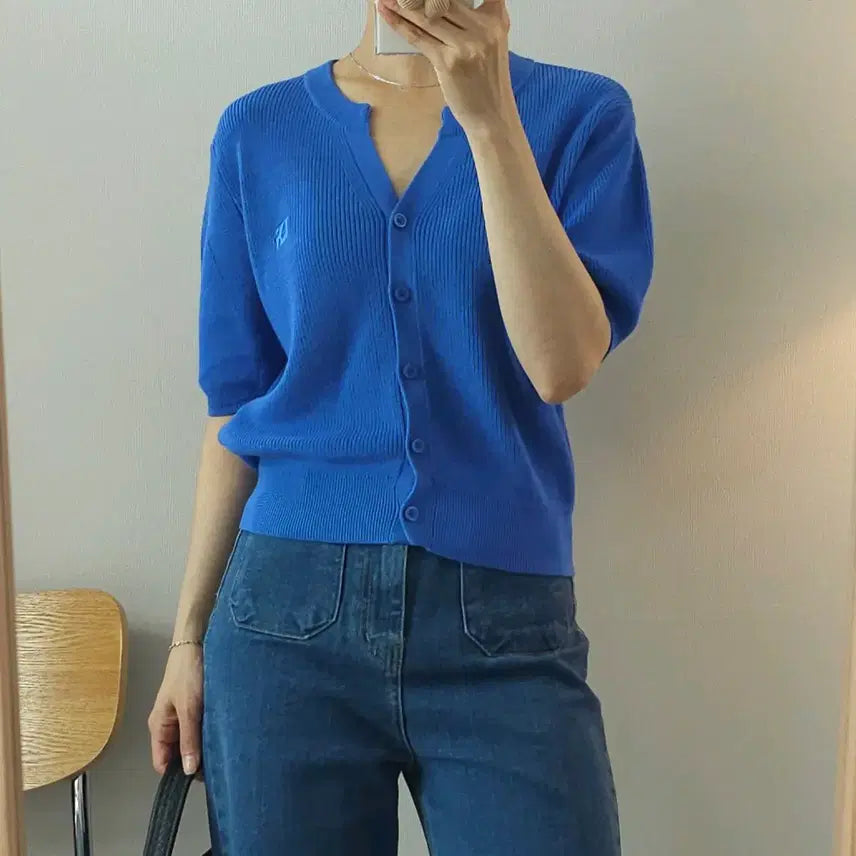 [BUNJANG] (F)ENC Women's Short Sleeve Cardigan Blue E9W3690 / (F)ENC 여성 반팔 가디건 블루 E9W3690