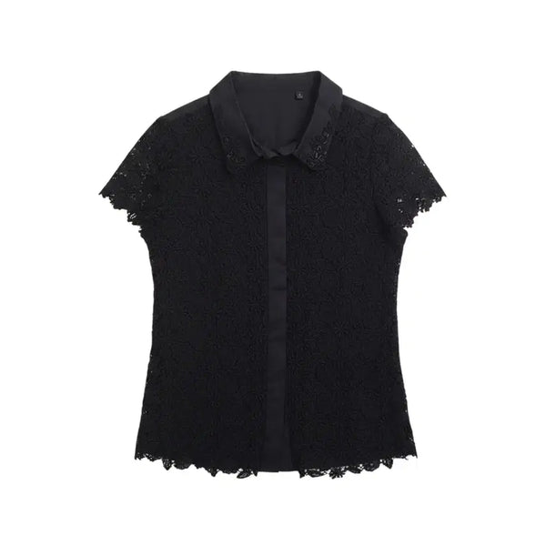 [BUNJANG] Women's Lace Short-Sleeve Blouse (Black) / 여성66/ 입체 반팔 레이스 블라우스BK 21-171