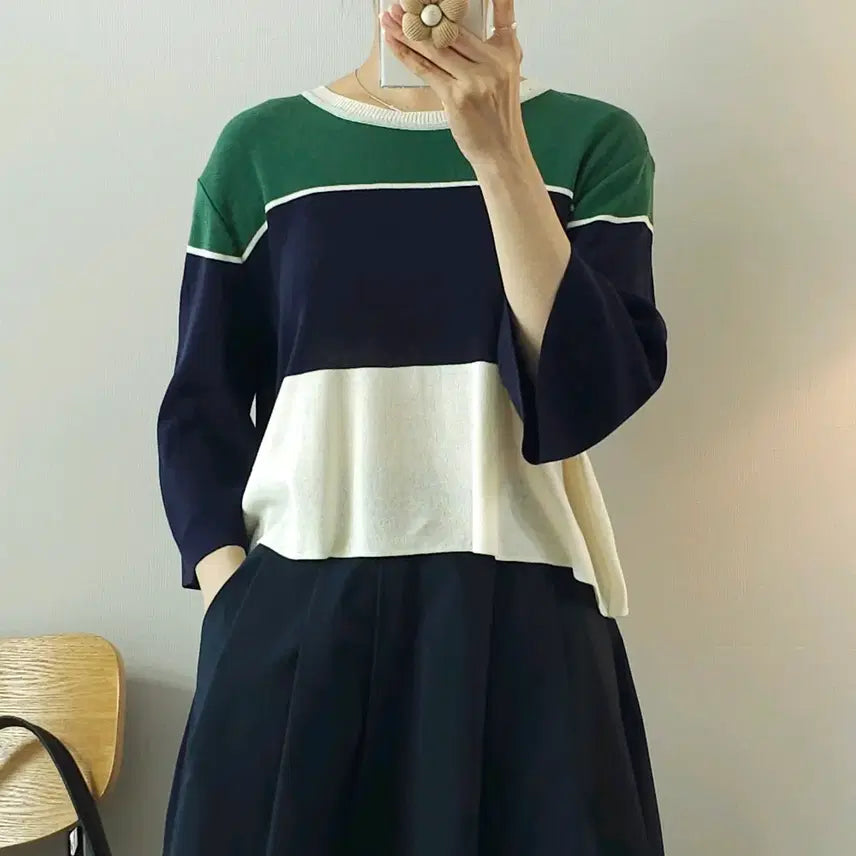 [BUNJANG] Charming Women's 7-Part Sleeve Knit Striped Loose Fit Top / (F)Charming 여성 7부 니트 스트라이프 루즈핏 H18W3664