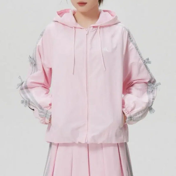 [BUNJANG] Adidas Ribbed Zip-Up Jumper Windbreaker Hoodie XS Pink / 아디다스  kr7603 XS 점퍼 집업 핑크 리본 잠바 바람막이 후드