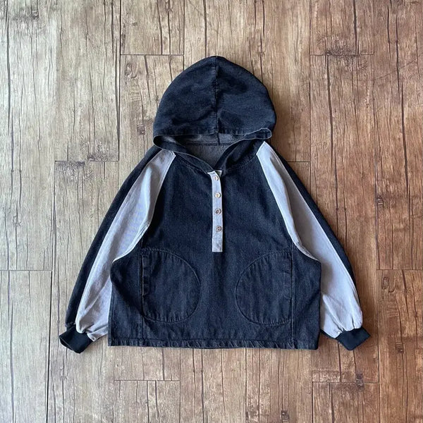 [BUNJANG] Denim Pullover Hooded Jacket Black/Gray / Denim Pullover Hood T