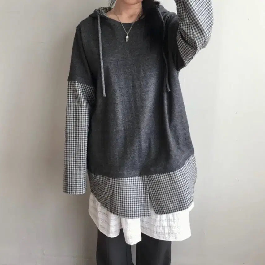 [BUNJANG] Layered Check Shirt Hoodie / 레이어드 체크 셔츠 후드