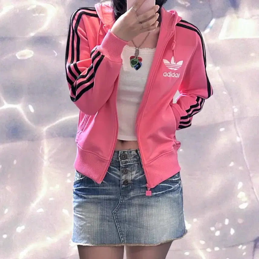 [BUNJANG] Adidas Big Logo Velour Hooded Zip-Up Jersey Pink/Black / 아디다스 대장 빅로고 플락 후드집업 져지 핑크 블랙 90