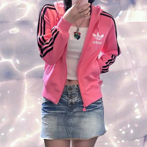 [BUNJANG] Adidas Big Logo Velour Hooded Zip-Up Jersey Pink/Black / 아디다스 대장 빅로고 플락 후드집업 져지 핑크 블랙 90