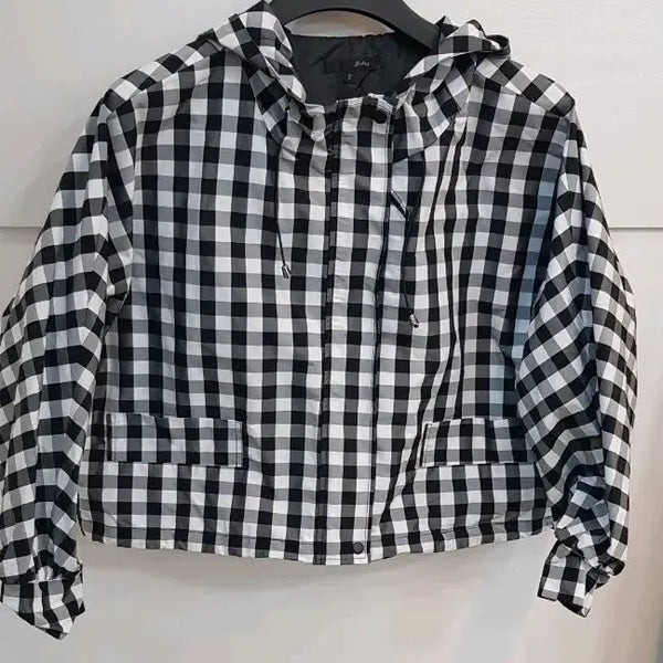 [BUNJANG] Plaid Hooded Short Zip-Up Jumper (Free Size) / 체크무늬 후드 숏집업점퍼  프리