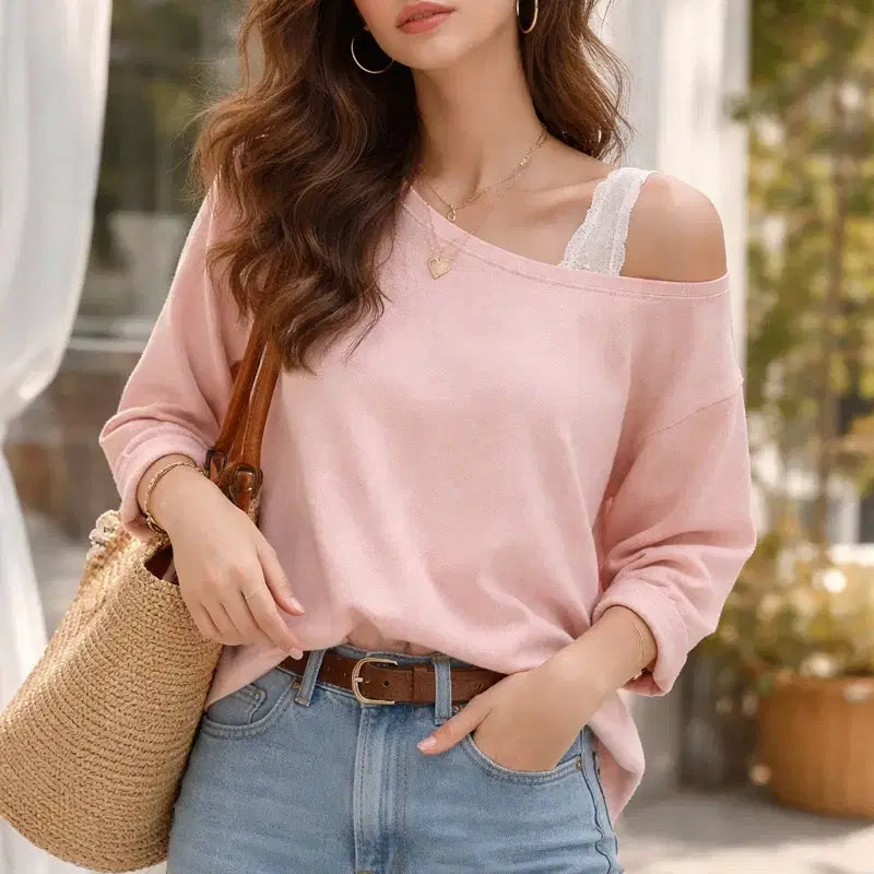 [BUNJANG] Women's Pink Off-the-Shoulder Round Boatneck T-Shirt / 여성 핑크색 오프숄더 라운드 보트넥 티셔츠