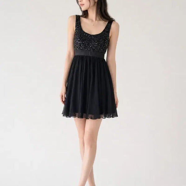 [BUNJANG] River Island Black Sequin Chiffon Shirred Dress / 리버아일랜드 블랙 스팽글 쉬폰 셔링 원피스 발레 페어리 파티룩